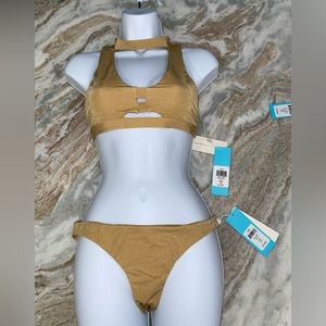 Shimmery Gold Beach Bunny 'Gwen' High Neck Cutout Bikini set medium top L bottom